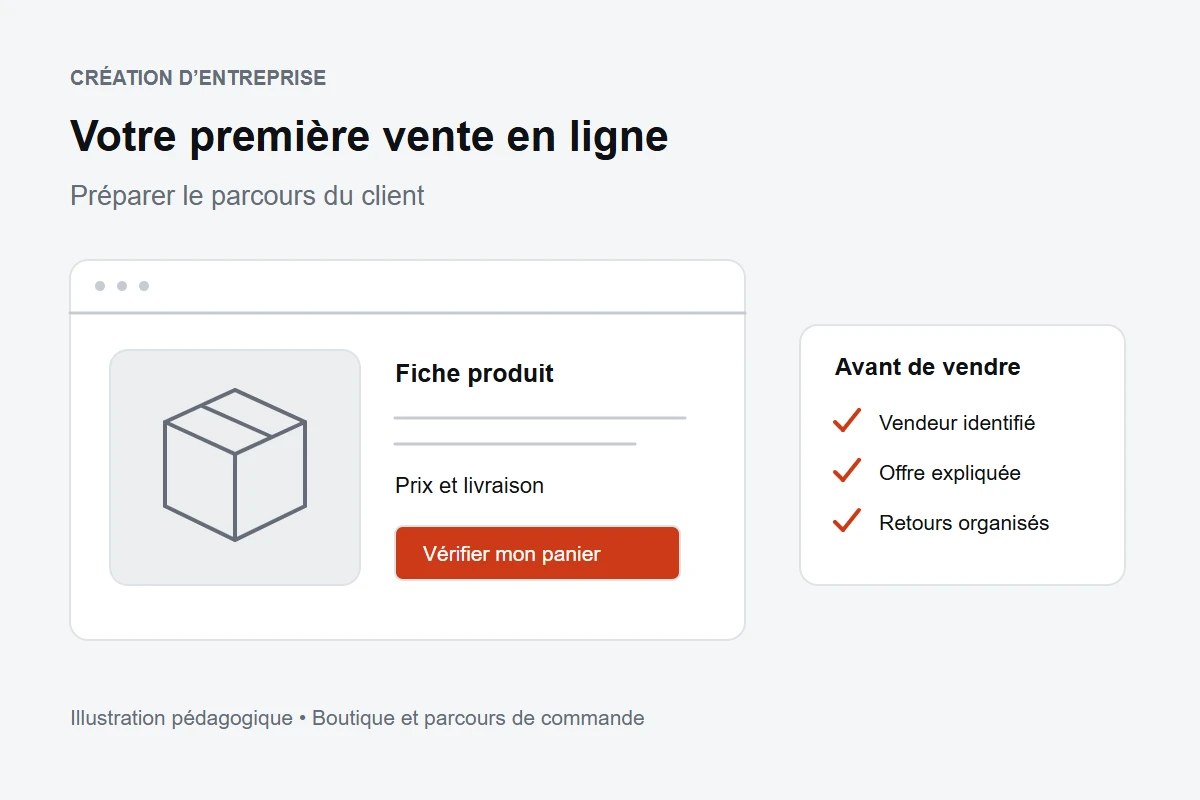 Illustration d’une boutique en ligne avec une fiche produit et les informations à préparer avant la première vente