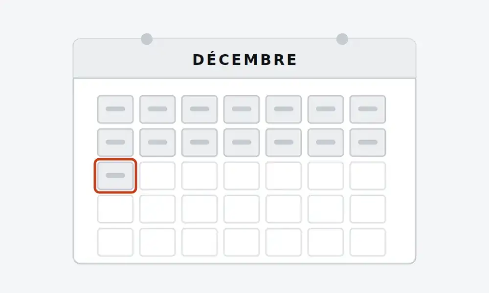 Calendrier de décembre dont les quinze premiers jours sont mis en évidence, le quinzième entouré