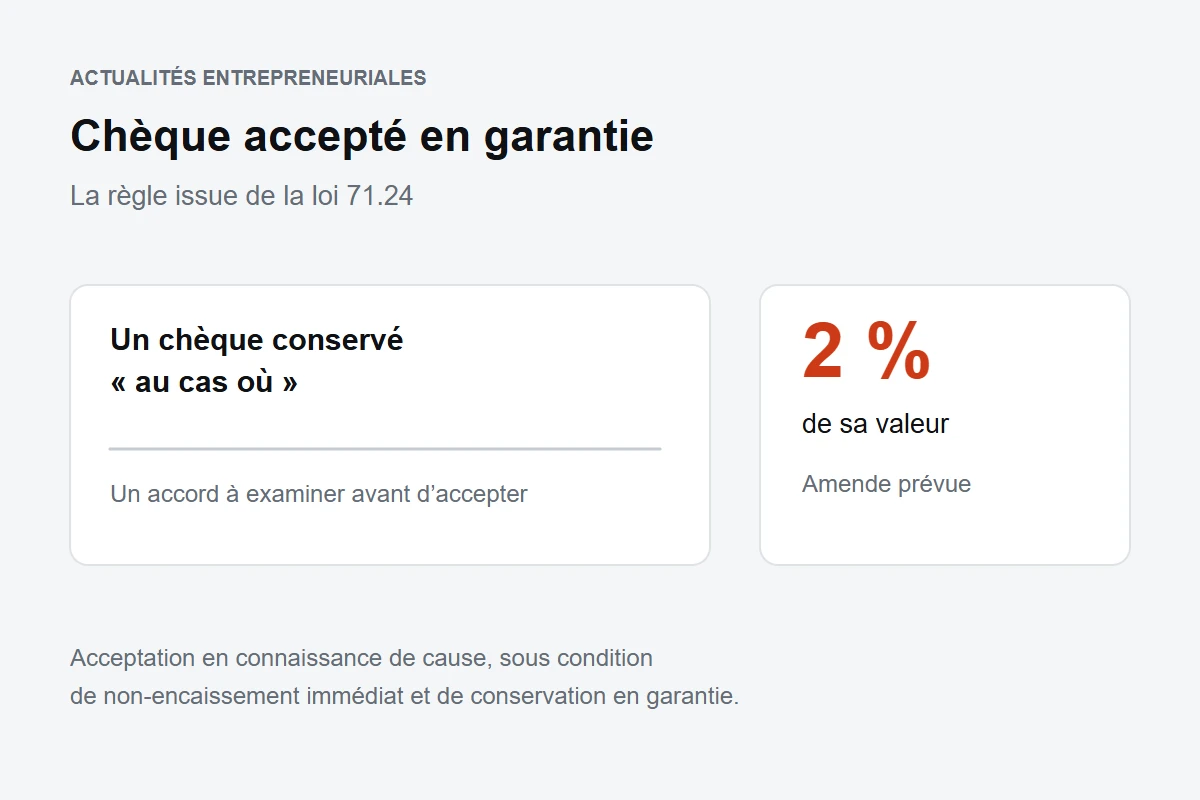 Chèque accepté en garantie : amende de 2 % dans les conditions prévues par la loi 71.24