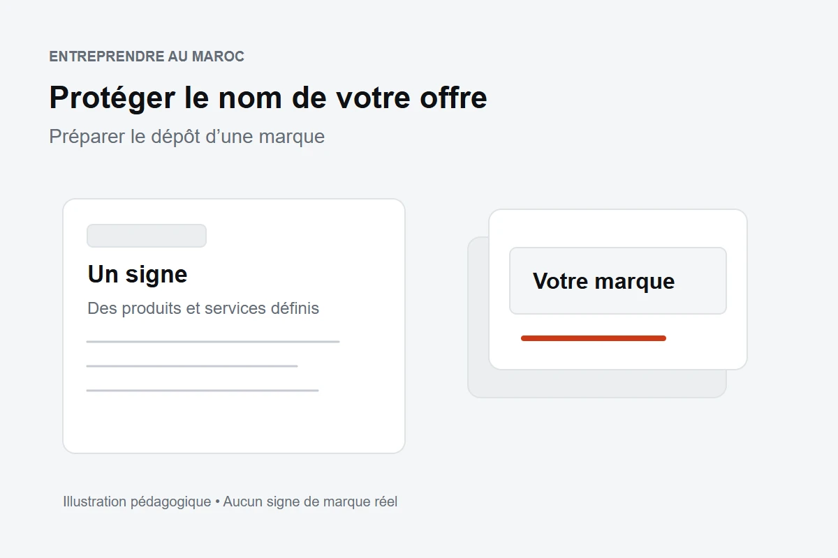 Illustration d’un dossier de dépôt et d’une étiquette pour préparer la protection d’une marque au Maroc