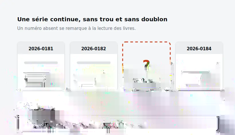 Quatre factures alignées par numéro, dont une case en pointillés rouges marquée « manquant » pour illustrer un trou dans la série