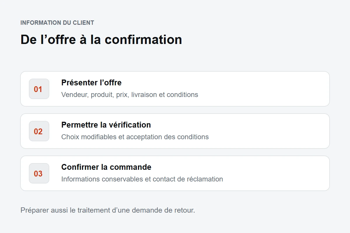 Étapes d’une commande en ligne : présentation de l’offre, vérification des choix et confirmation conservable