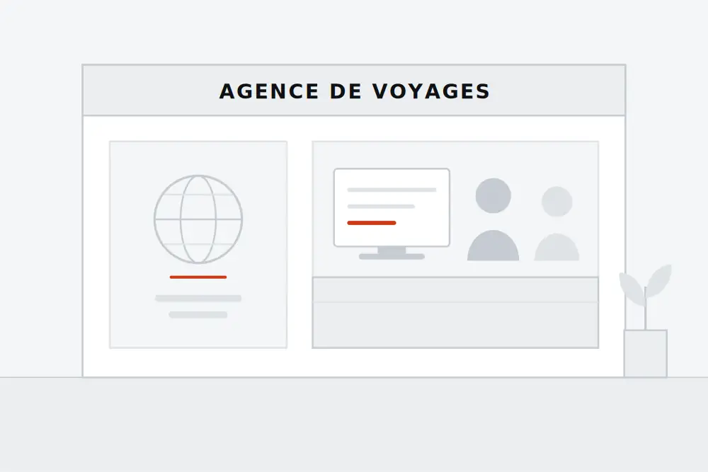 Devanture et comptoir d'une agence de voyages, illustration plate
