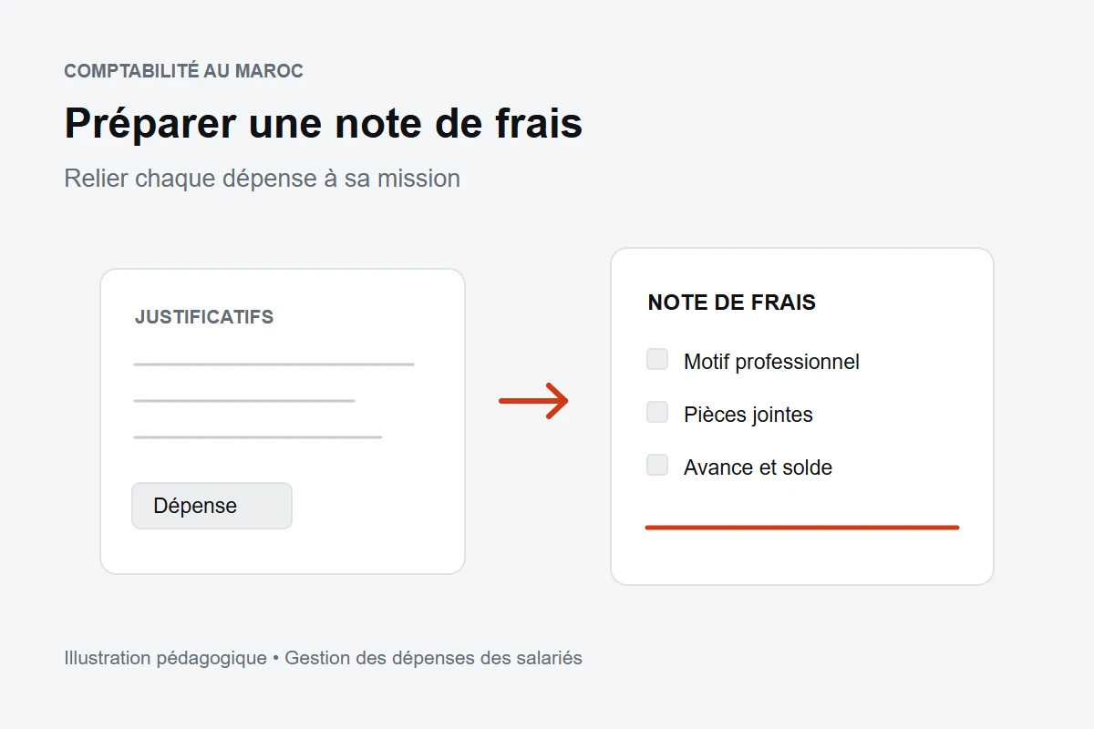 Justificatifs réunis dans une note de frais avec le motif professionnel, les pièces jointes et le solde