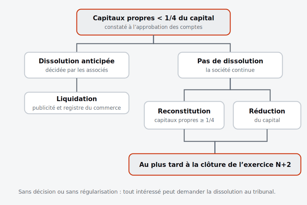 Arbre de décision des associés d’une SARL dont les capitaux propres sont inférieurs au quart du capital : dissolution anticipée ou poursuite avec reconstitution ou réduction du capital