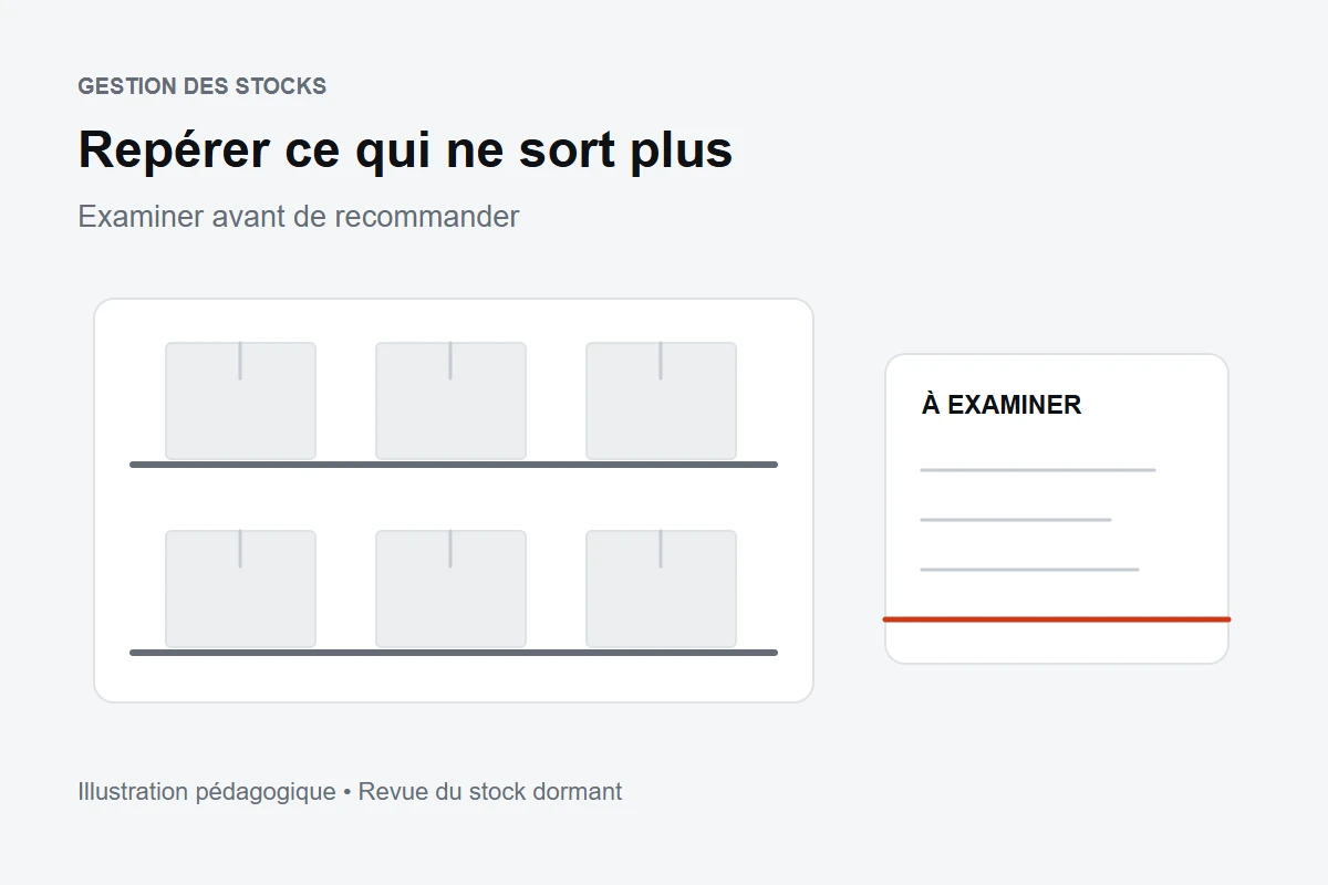 Cartons rangés sur des étagères et fiche de revue des références en stock